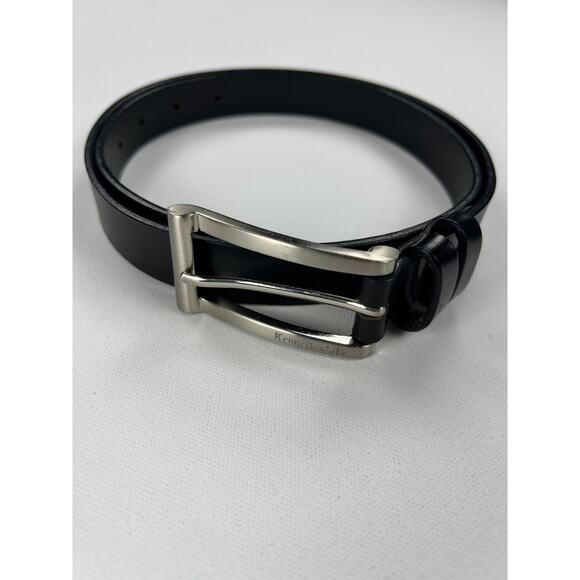 Kenneth Cole Black Leather Belt Silver Rectangle Buckle Fits 30.75-34.75 Waist - Picture 1 of 6